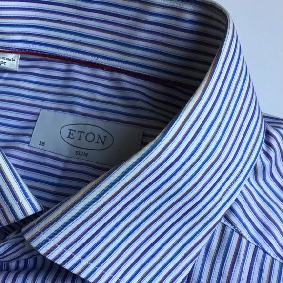 ETON slim light blue & brown pinstriped cotton shirt Sz 15 made in Europe - Picture 2 of 8